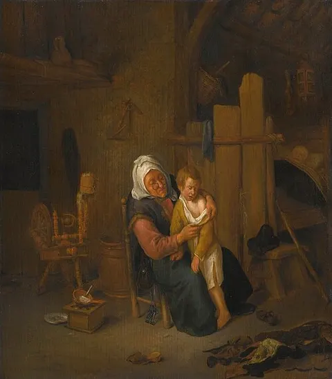Interior con anciana y niño