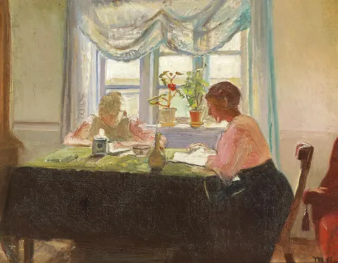 Doing home work by the window.
