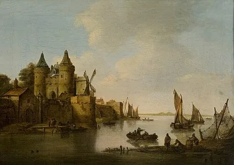 Sailing Barges and Fishermen off a Town