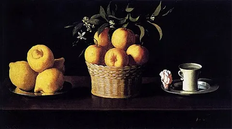 Naturaleza muerta con limones, naranjas y una rosa