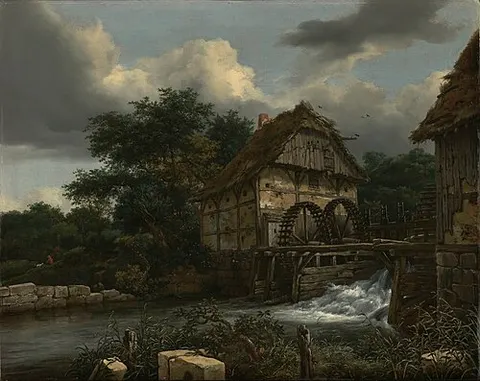 Dos molinos de agua y una esclusa abierta