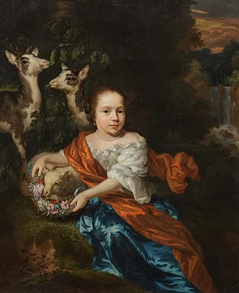 Girl with lamb and deer