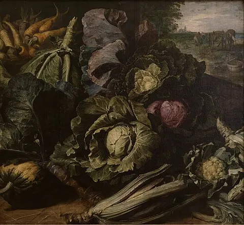 Still life of vegetables in a landscape