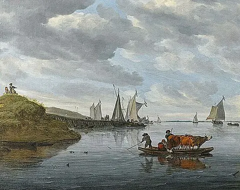River landscape with boats and a ferry by a jetty