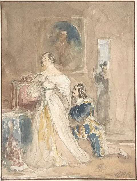 The Proposal (recto); Unfinished drawing of a horse and rider (verso)