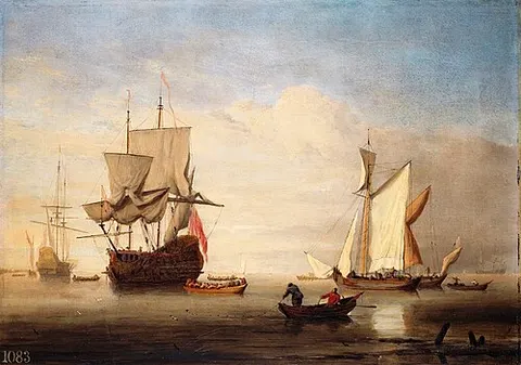 A Calm: an English Three-Decker Drying Sails with two Galliots near her