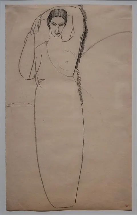 Standing Woman, Left Breast Bared, Arms Forming a Circle behind Her Head,