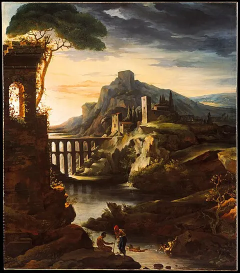 Atardecer: paisaje con un acueducto
