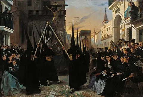 A Confraternity in Procession along Calle Génova, Seville.