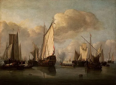 Calm: a States yacht and many other vessels in a light air