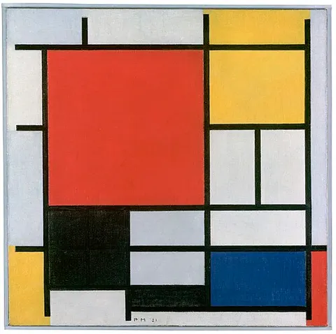Composición con gran plano en rojo, amarillo, negro, gris y azul