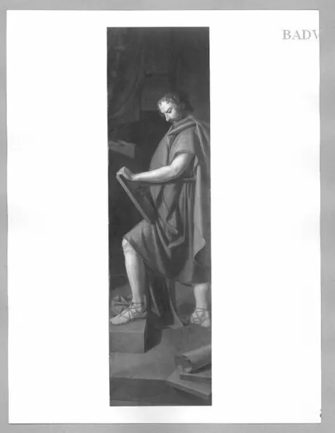 man with writing plate