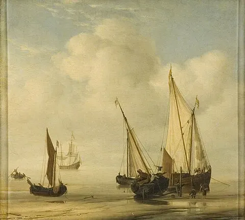 A 'Smalschip' with Sail Set at Anchor Close to the Shore, and a 'Boier' Laid Ashore