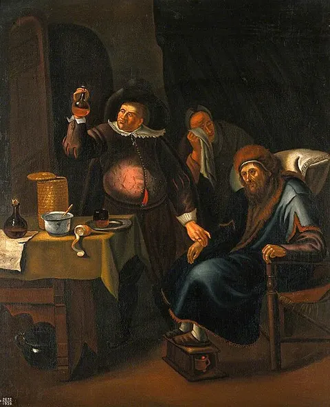 A Medical Practitioner Examining the Urine and Taking the Pulse of an Elderly Man