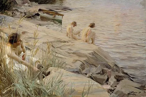 Girls Bathing in the Open Air (Out of Doors) ; Bathing Girls, Outside ; Outdoors