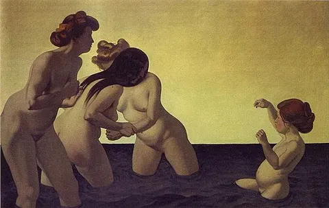 Three Women and One Little Girl Playing in the Water