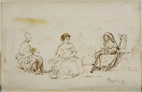 Three female figures in a landscape