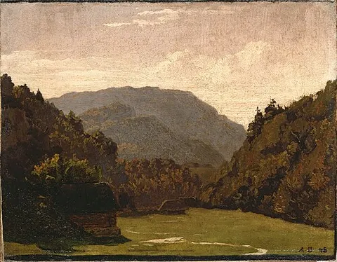 Hilly landscape with log cabins and a creek in the plain