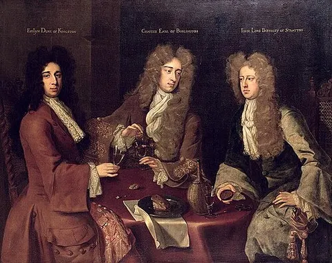 The Earl of Burlington (centre) with Evelyn Pierrepont, 1st Duke of Kingston-upon-Hull (left) and John Berkeley, 3rd Baron Berkeley of Stratton (right)