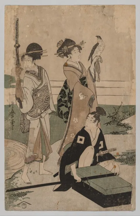 Daimyō and his Retinue Crossing a Stream in Plain Near Fuji
