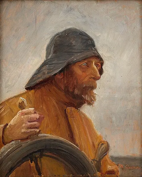 A helmsman wearing a sou'wester.