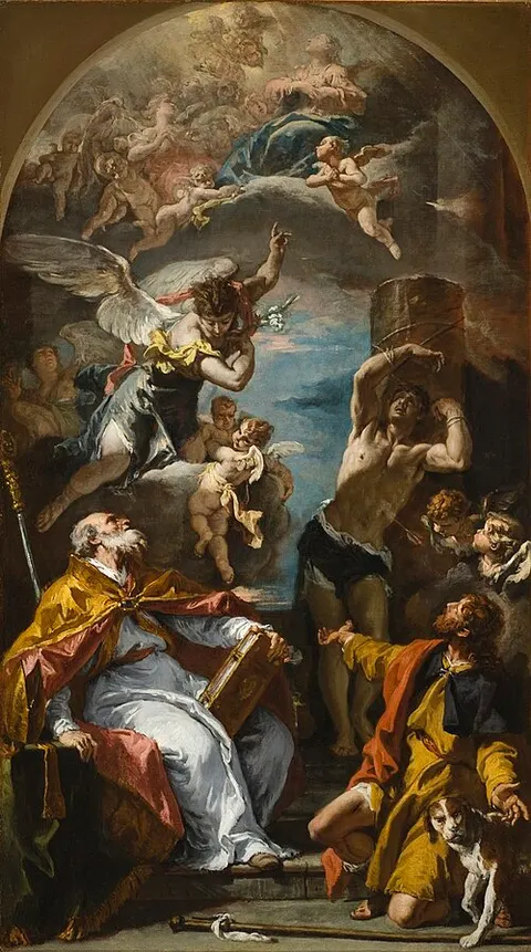 A Glory of the Virgin with the Archangel Gabriel and Saints Eusebius, Roch, and Sebastian