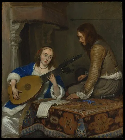 Una mujer tocando la tiorba y un caballero