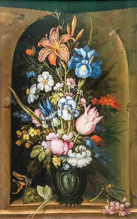 Day Lily and other Flowers in a Vase in a Niche