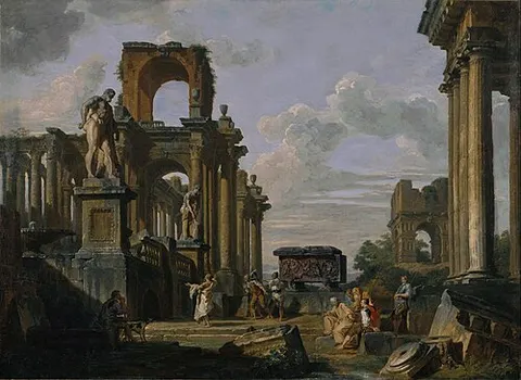 An Architectural Capriccio of the Roman Forum with Philosophers and Soldiers among Ancient Ruins, including the Arch of Janus Quadrifrons, the Sarcophagus of Santa Constanza, the Farnese Hercules and the Cincinnatus