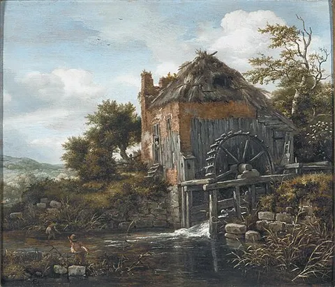Molino de agua cerca de una granja