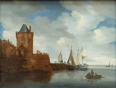 Boats in an Estuary by a Watchtower