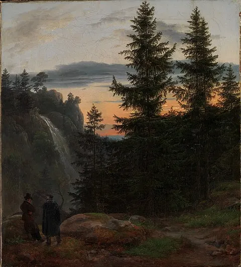 Two Men before a Waterfall at Sunset