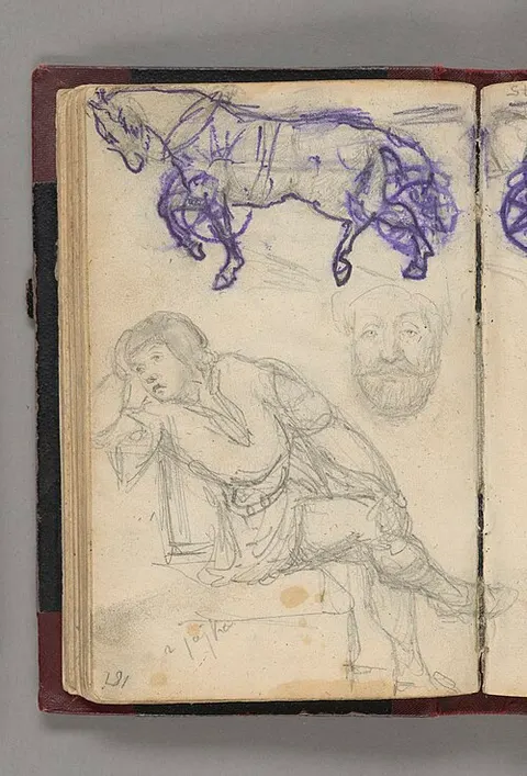Sketch of a seated man with his head resting on his right hand, portrait of a man en face in a turban, and a man leading a horse