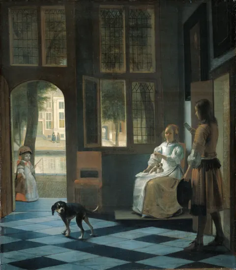 Man Handing a Letter to a Woman in the Entrance Hall of a House