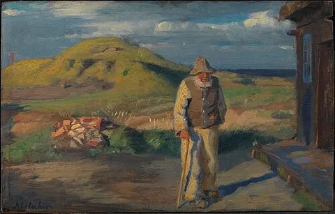 A Blind Man Outside his House