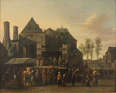 Italian Commedia dell'Arte Players before the St. Maria im Kapitol in Cologne